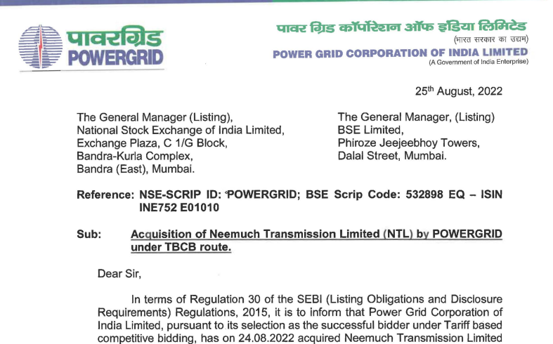 टीबीसीबी रूट के तहत पावरग्रिड द्वारा नीमच ट्रांसमिशन लिमिटेड (एनटीएल) का अधिग्रहण