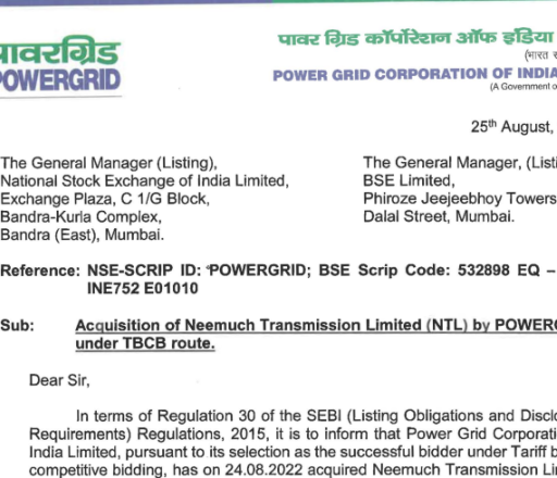 टीबीसीबी रूट के तहत पावरग्रिड द्वारा नीमच ट्रांसमिशन लिमिटेड (एनटीएल) का अधिग्रहण